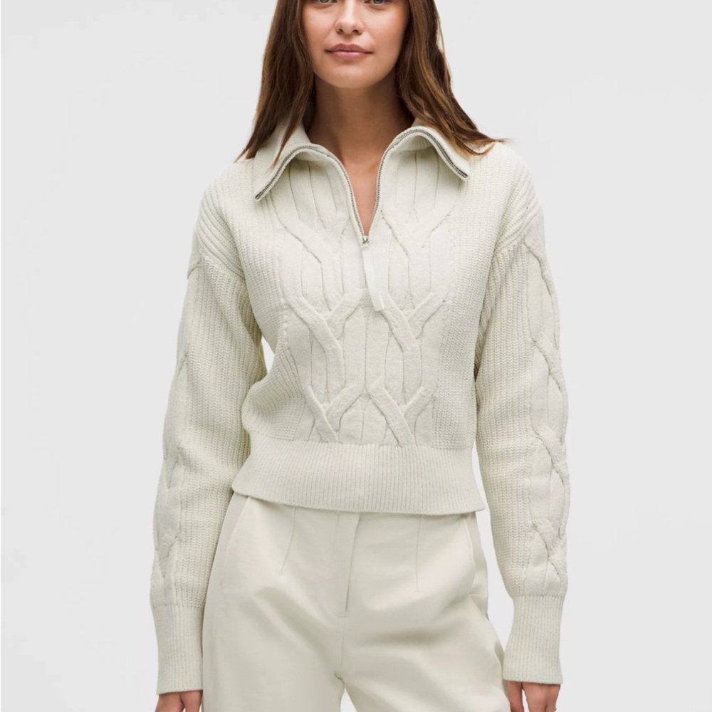 Lululemon Cream Cowl Neck Sweater with Cable Knit Half Zip